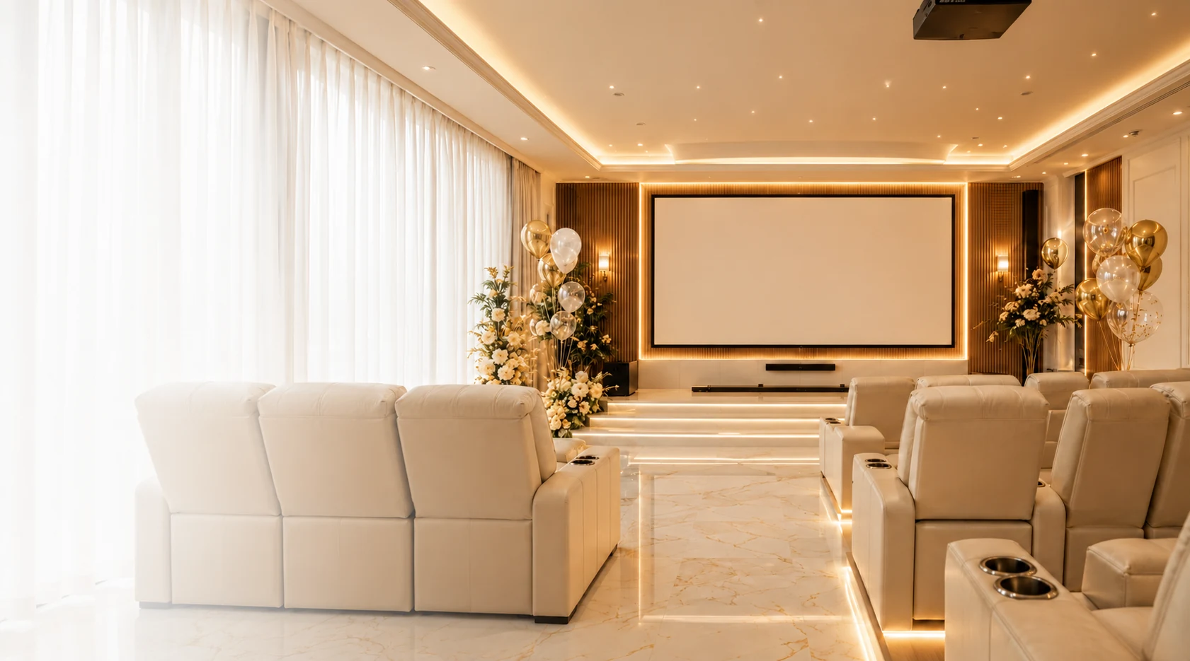 Rock Cine Celebration private theatre interior with plush recliners, gold balloon décor and big screen